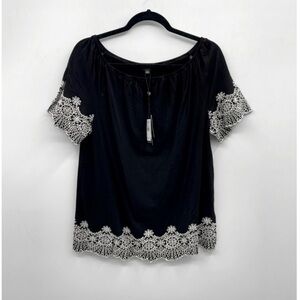 Adrianna Papel black embroidered coastal grandma woman boho baby doll top NWT M